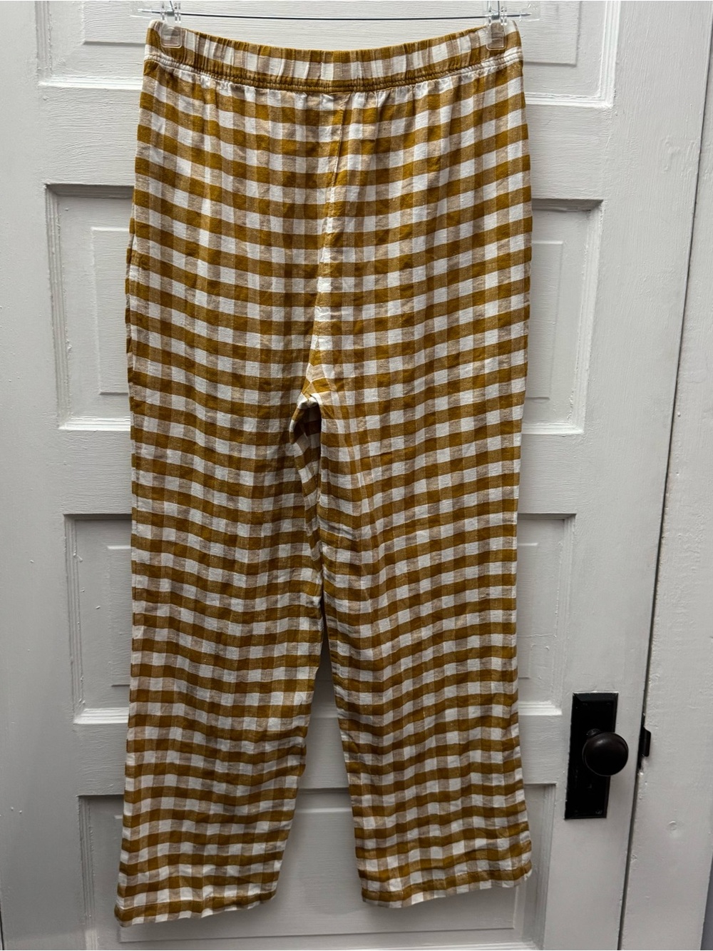 Morrow Linen Gingham Pants Brown White Wide Leg M - Picture 3 of 7